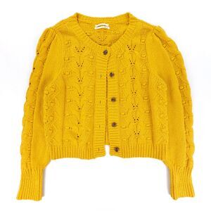 ANTHROPOLOGIE Maeve Cable-Knit Puff-Sleeve Cardigan‎ Sweater Vintage Mustard XL
